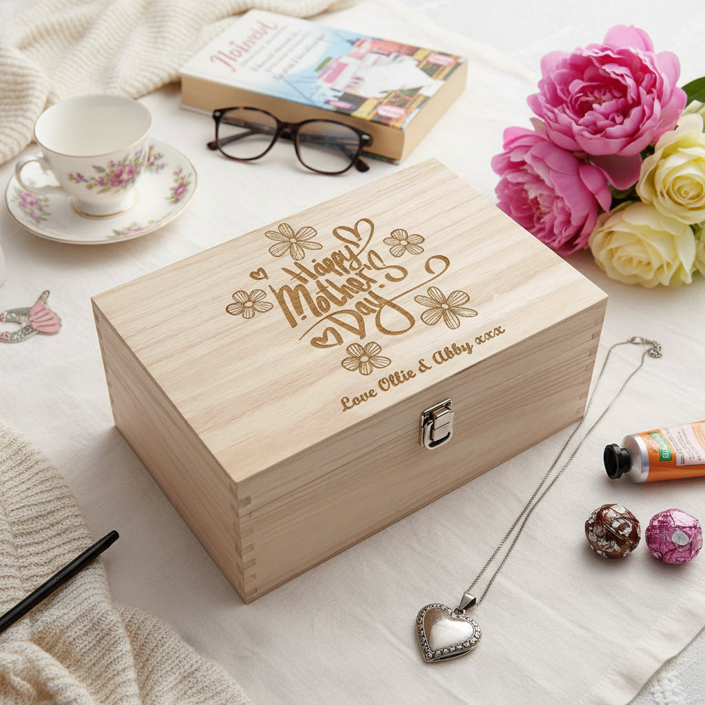 Personalised Large Mothers Day Flower Design Wooden Keepsake Box Keepsake Memory Box Raised Words