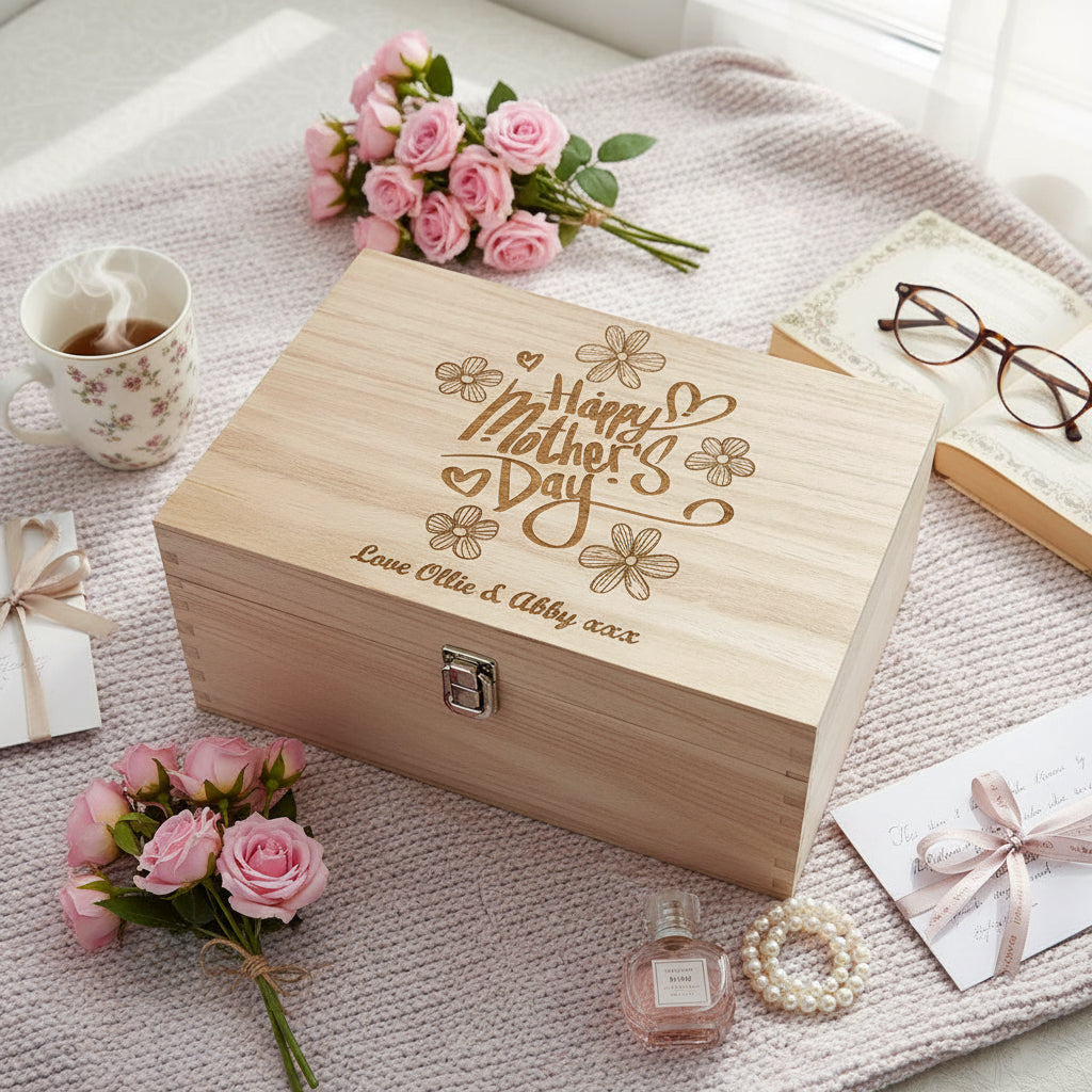 Personalised Large Mothers Day Flower Design Wooden Keepsake Box Keepsake Memory Box Raised Words