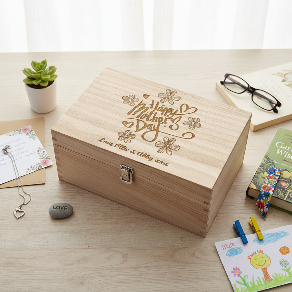 Personalised Large Mothers Day Flower Design Wooden Keepsake Box Keepsake Memory Box Raised Words