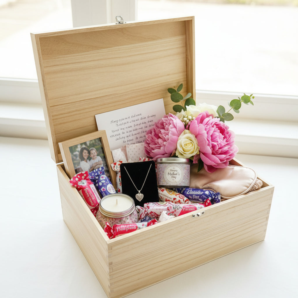 Personalised Large Mothers Day Flower Design Wooden Keepsake Box Keepsake Memory Box Raised Words