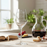 Teacher wine glass with engraved text on a table with a carafe and snacks.