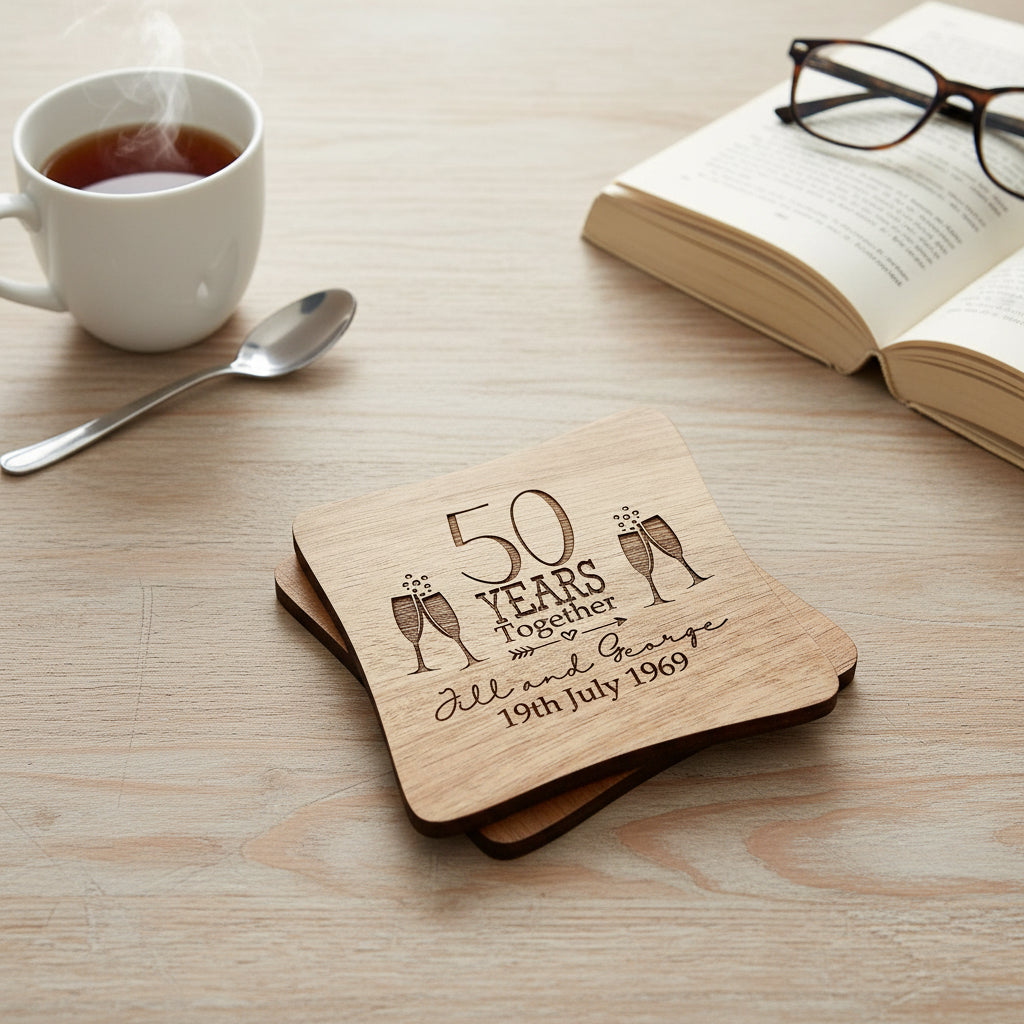 Set Of Two Personalised Wedding Anniversary Coasters Gift 5th, 10th, 25th, 30th, 40th, 50th, 60th anniversary Personalised Wedding Gift ukgiftstoreonline