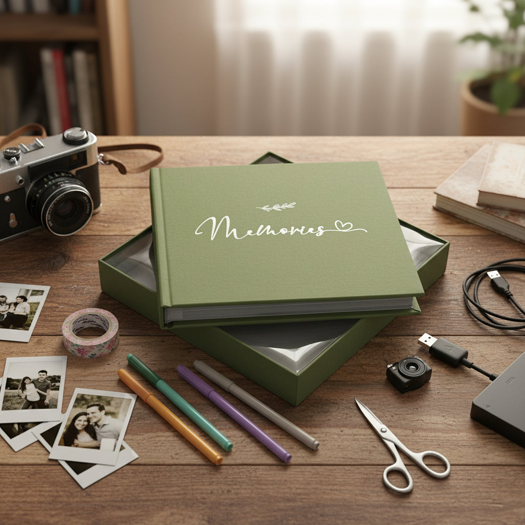 Memories Olive Green Photo Album With Leaf Design For 50 x 6 by 4 Photos photo album ukgiftstoreonline