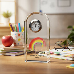 Personalised Teacher Crystal Glass Clock Gift With Painted Rainbow Personalised Crystal Glass ukgiftstoreonline