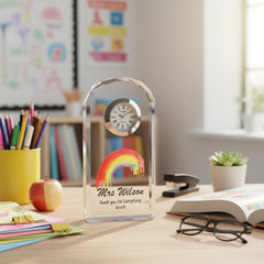 Personalised Teacher Crystal Glass Clock Gift With Painted Rainbow Personalised Crystal Glass ukgiftstoreonline