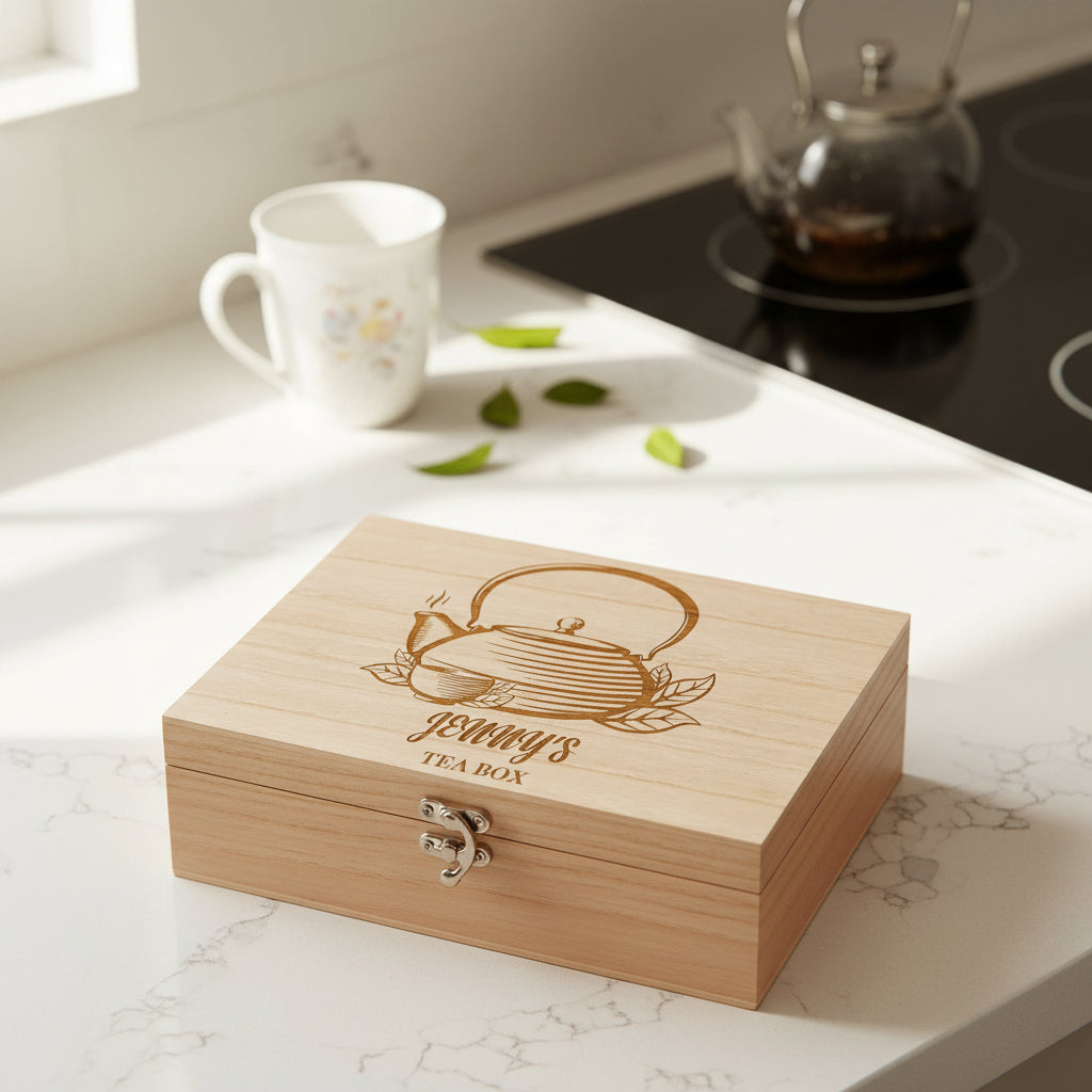 Personalised Tea Box Any Name Engraved With Old Fashion Pot Tea Box Raised Words