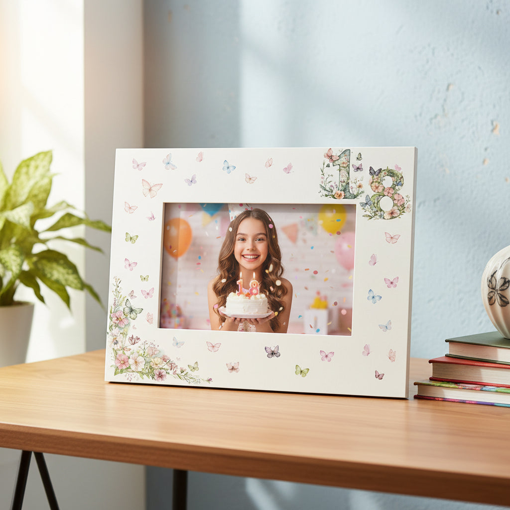 18th Birthday Photo Picture Frame Gift For Her With Butterflies and Flowers Photo Frame ukgiftstoreonline Landscape