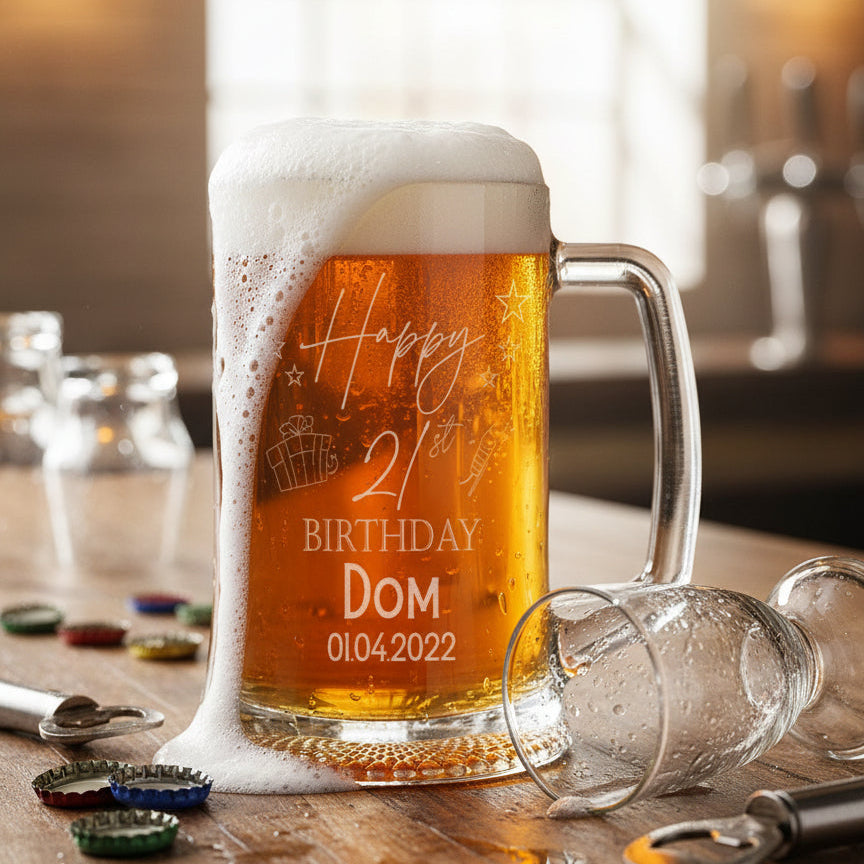 Personalised 21st Birthday Pint Beer Tankard Glass with Stars personalised beer glasses ukgiftstoreonline