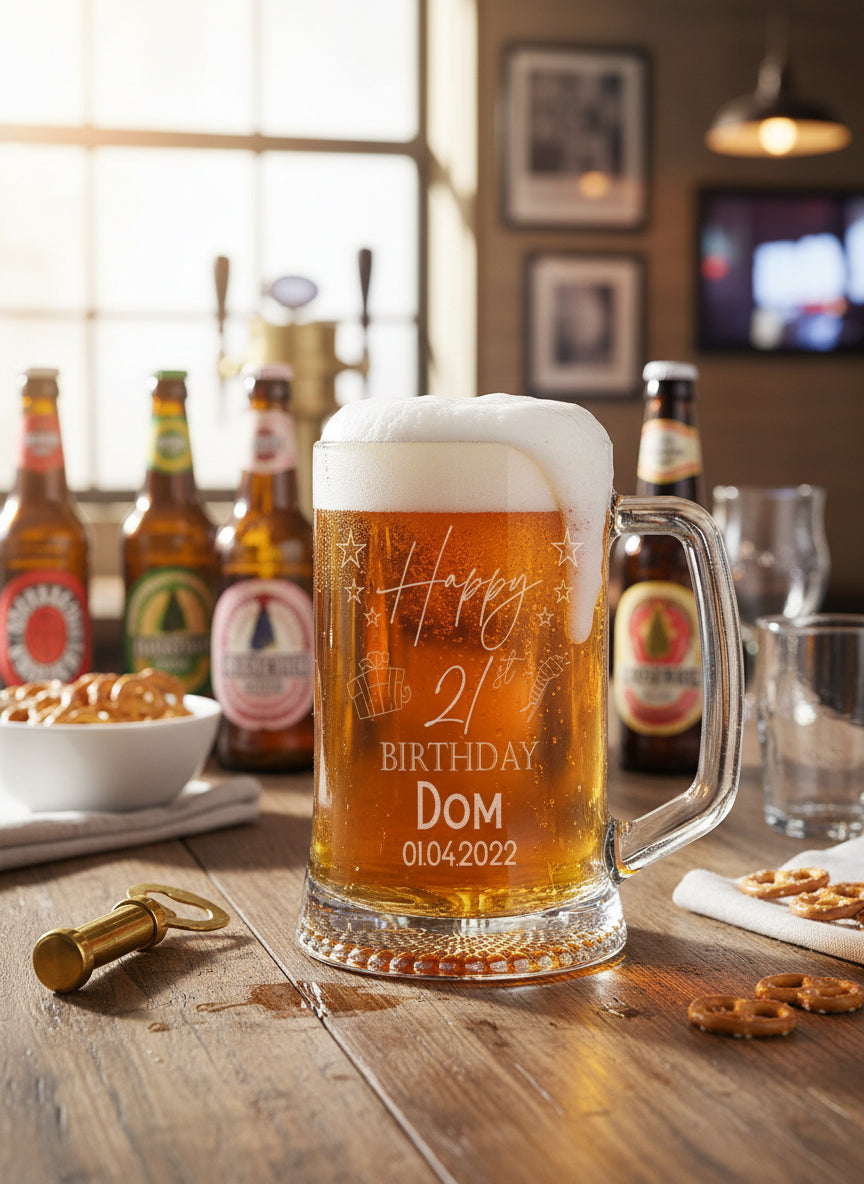 Personalised 21st Birthday Pint Beer Tankard Glass with Stars personalised beer glasses ukgiftstoreonline