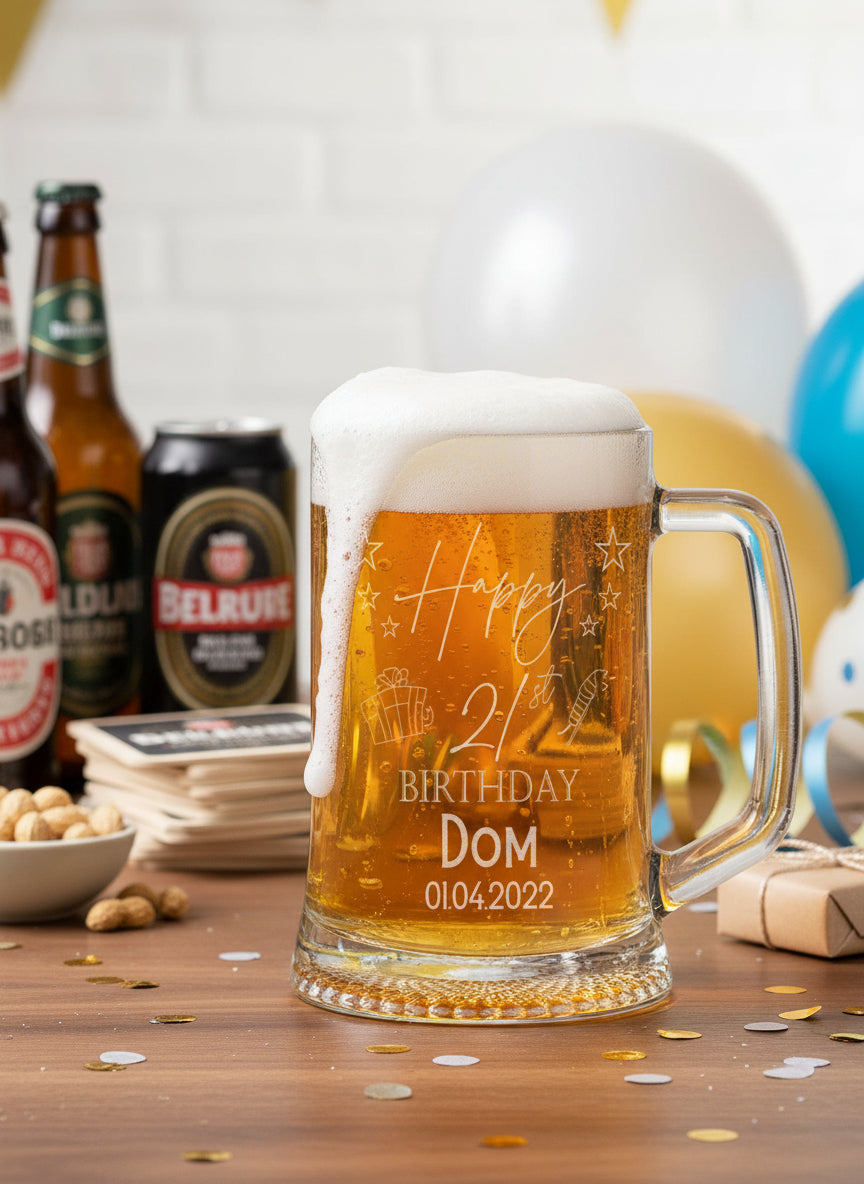 Personalised 21st Birthday Pint Beer Tankard Glass with Stars personalised beer glasses ukgiftstoreonline
