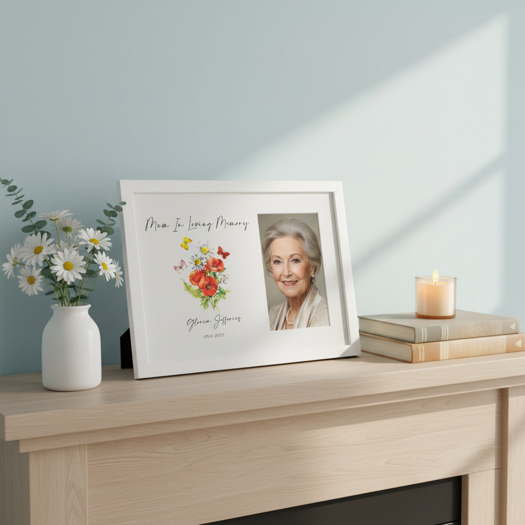 Personalised Mum In Loving Memory Remembrance Photo Frame With Flowers and Butterflies personalised photo frames ukgiftstoreonline
