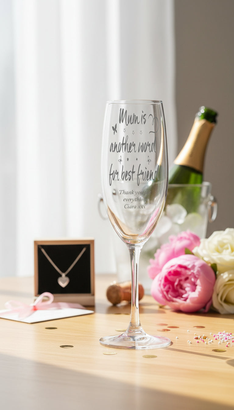 Mum Friend Sentiment Personalised Engraved Champagne Prosecco Glass Personalised Champagne Glasses ukgiftstoreonline