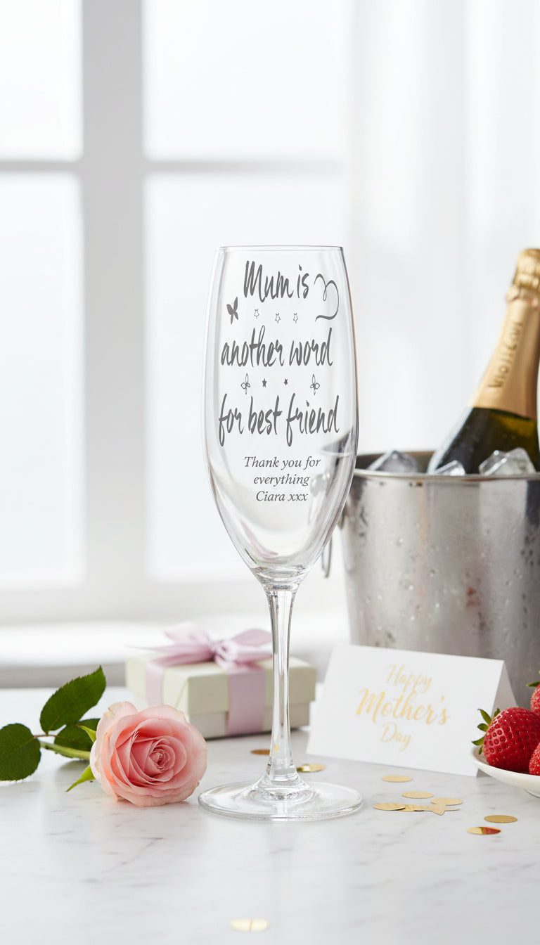 Mum Friend Sentiment Personalised Engraved Champagne Prosecco Glass Personalised Champagne Glasses ukgiftstoreonline
