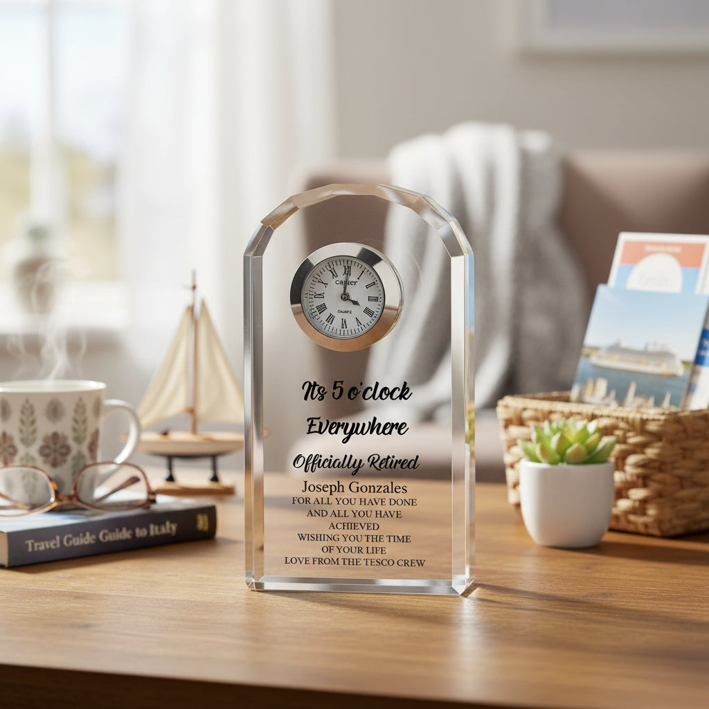 Personalised Retirement Gift Crystal Glass Clock Its 5 o'clock Everywhere Personalised Crystal Glass ukgiftstoreonline