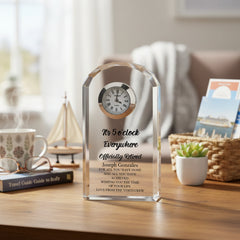 Personalised Retirement Gift Crystal Glass Clock Its 5 o'clock Everywhere Personalised Crystal Glass ukgiftstoreonline