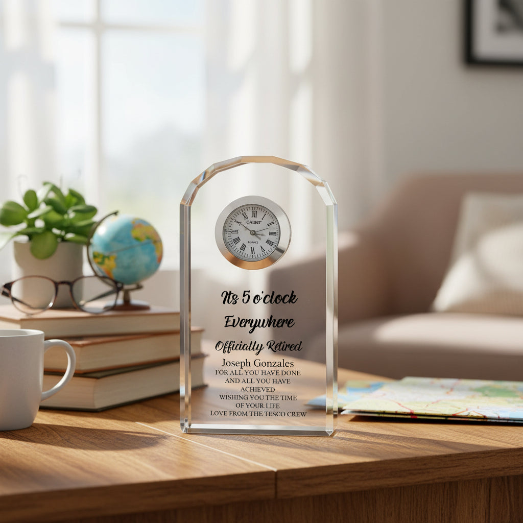 Personalised Retirement Gift Crystal Glass Clock Its 5 o'clock Everywhere Personalised Crystal Glass ukgiftstoreonline