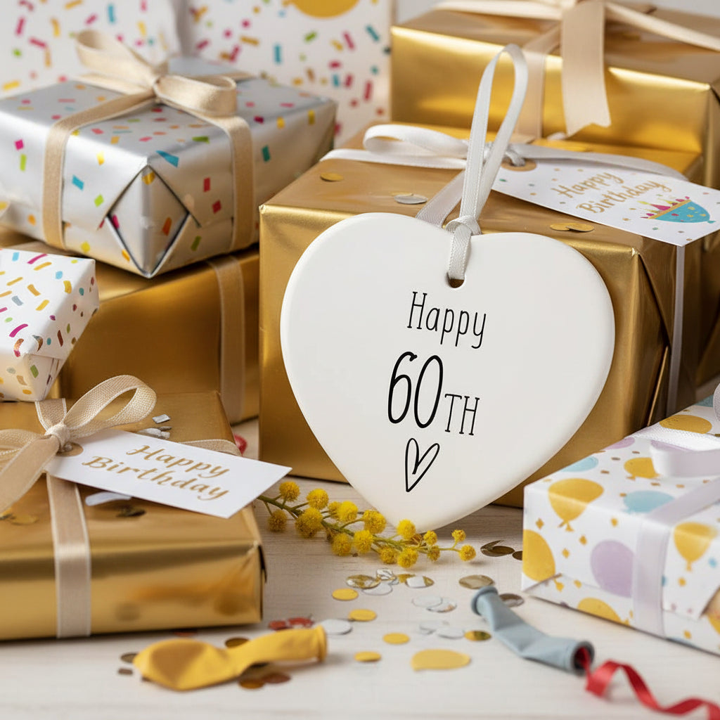 ukgiftstoreonline 60th Birthday ornament, 60th keepsake, 60th ceramic heart gift Personalised Heart Gifts ukgiftstoreonline