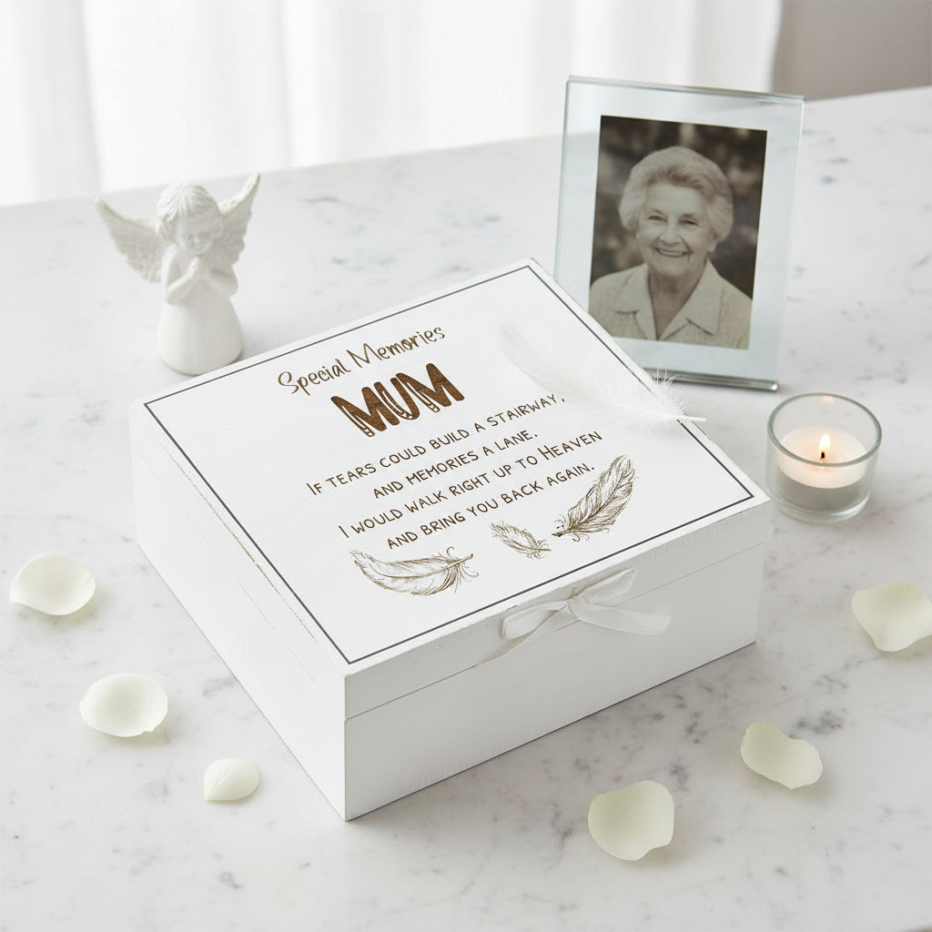Mum Remembrance Memory White Engraved Wooden Keepsake Box With Feather Design Keepsake Box ukgiftstoreonline