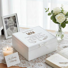 Mum Remembrance Memory White Engraved Wooden Keepsake Box With Feather Design Keepsake Box ukgiftstoreonline