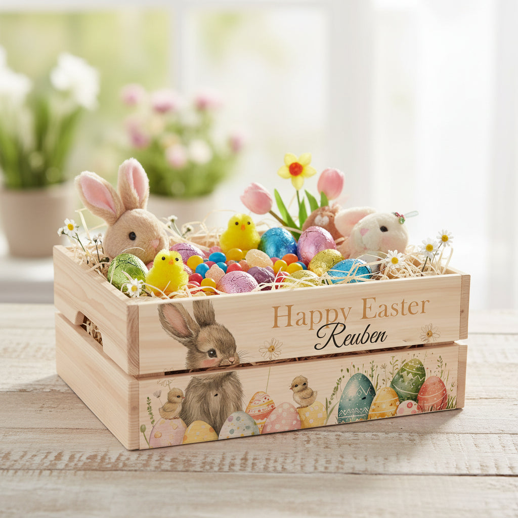 Personalised Easter Bunny Crate, Wooden Easter Crate, Easter Gift Hamper Crate storage crate ukgiftstoreonline
