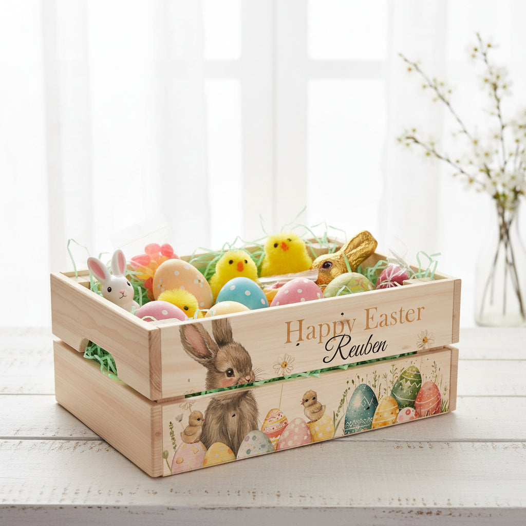 Personalised Easter Bunny Crate, Wooden Easter Crate, Easter Gift Hamper Crate storage crate ukgiftstoreonline