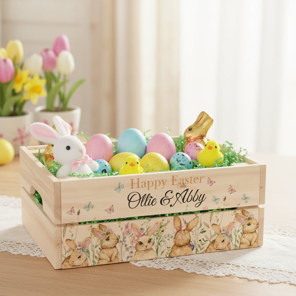 Personalised Multi Easter Bunny Crate, Wooden Easter Crate, Easter Gift Hamper Crate storage crate ukgiftstoreonline