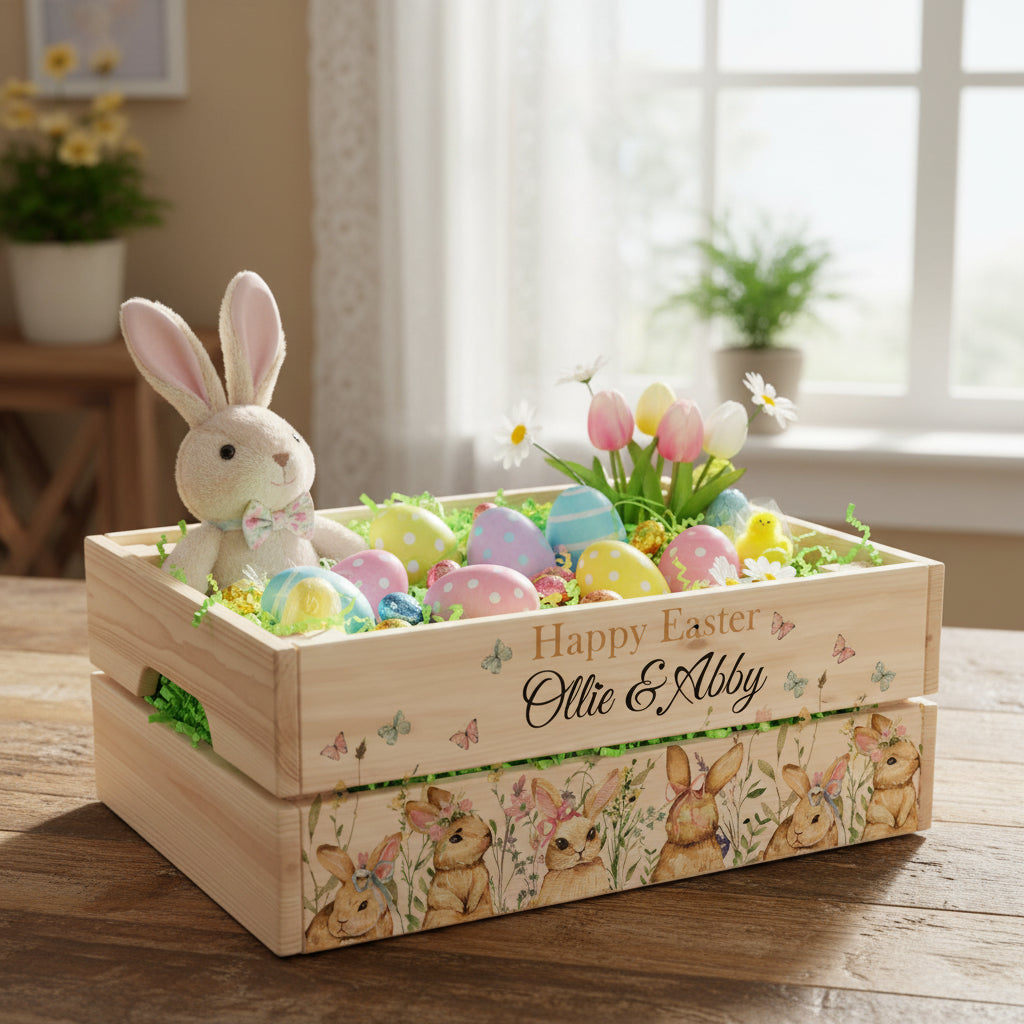Personalised Multi Easter Bunny Crate, Wooden Easter Crate, Easter Gift Hamper Crate storage crate ukgiftstoreonline