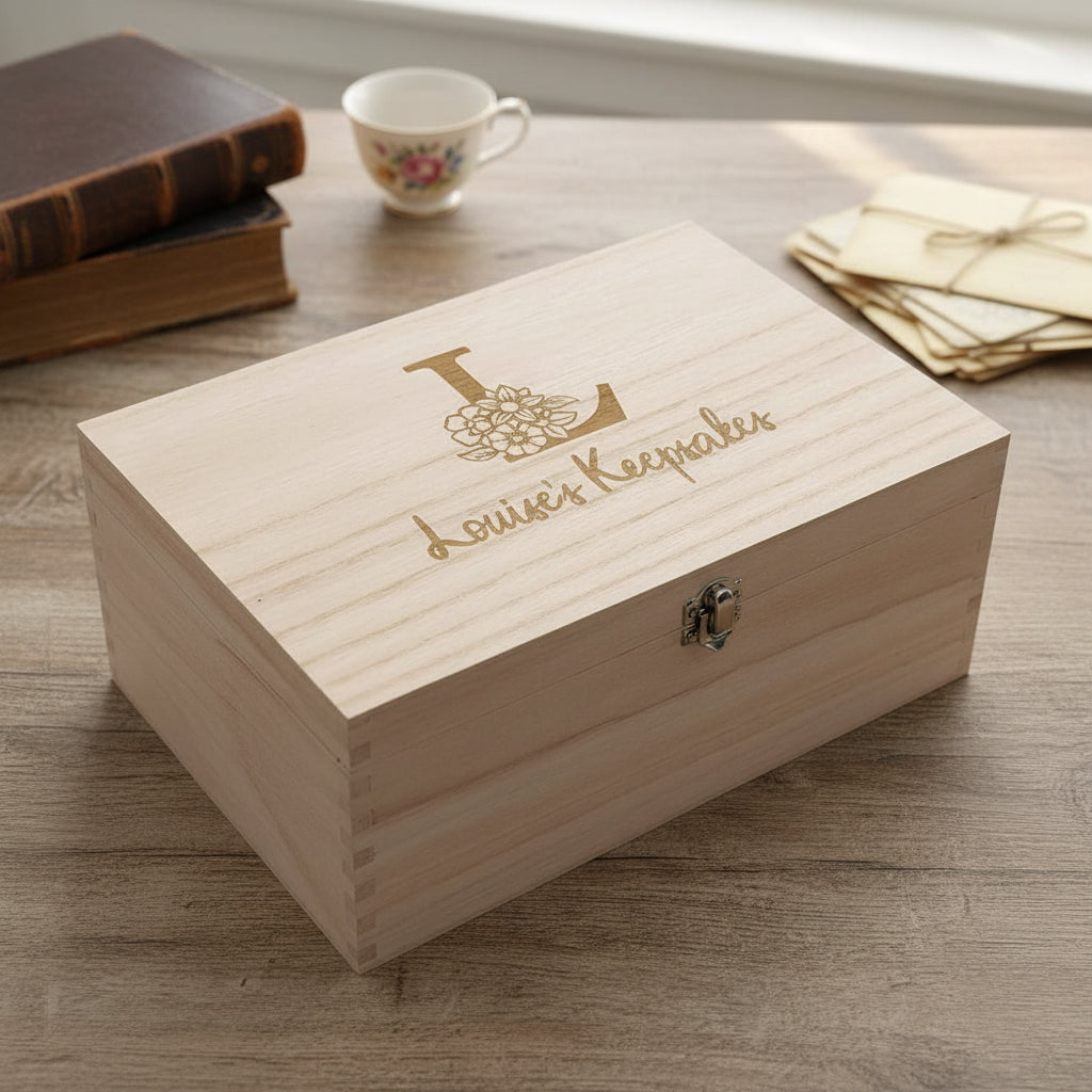 Personalised Large Floral Monogram Wooden Keepsake Box Gift For Her Keepsake Memory Box Raised Words