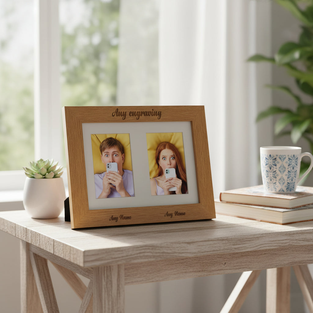 Personalised Engraved Double Wooden Photo Frame With Text Under Photo Personalised Photo Frame ukgiftstoreonline