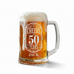 Personalised Cheers To Beer Glass Engraved For 50th Birthday With Custom Name