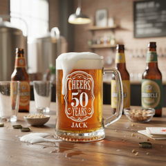 Personalised Cheers To Beer Glass Engraved For 50th Birthday With Custom Name