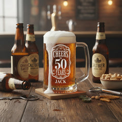 Personalised Cheers To Beer Glass Engraved For 50th Birthday With Custom Name