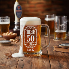Personalised Cheers To Beer Glass Engraved For 50th Birthday With Custom Name