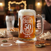 Personalised Cheers To Beer Glass Engraved For 50th Birthday With Custom Name
