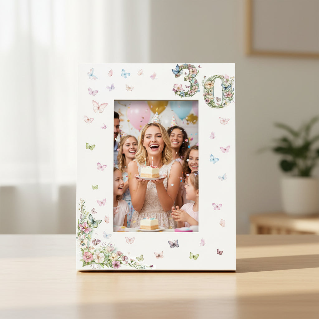 30th Birthday Photo Picture Frame Gift For Her With Butterflies and Flowers Photo Frame ukgiftstoreonline