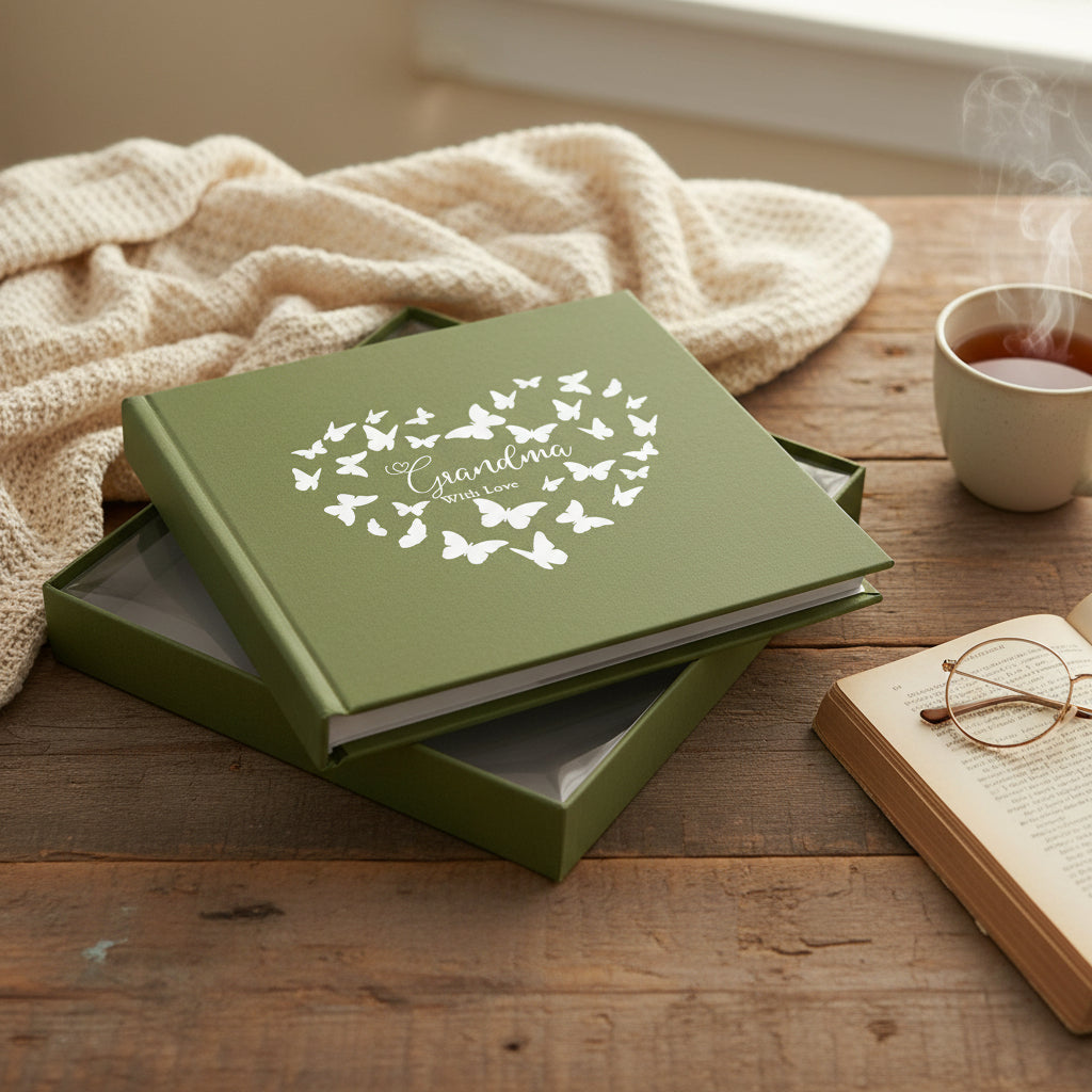 Grandma with love Olive Green Photo Album Gift With Butterflies 50 x 6" x 4" Capacity Grandma Photo Album ukgiftstoreonline
