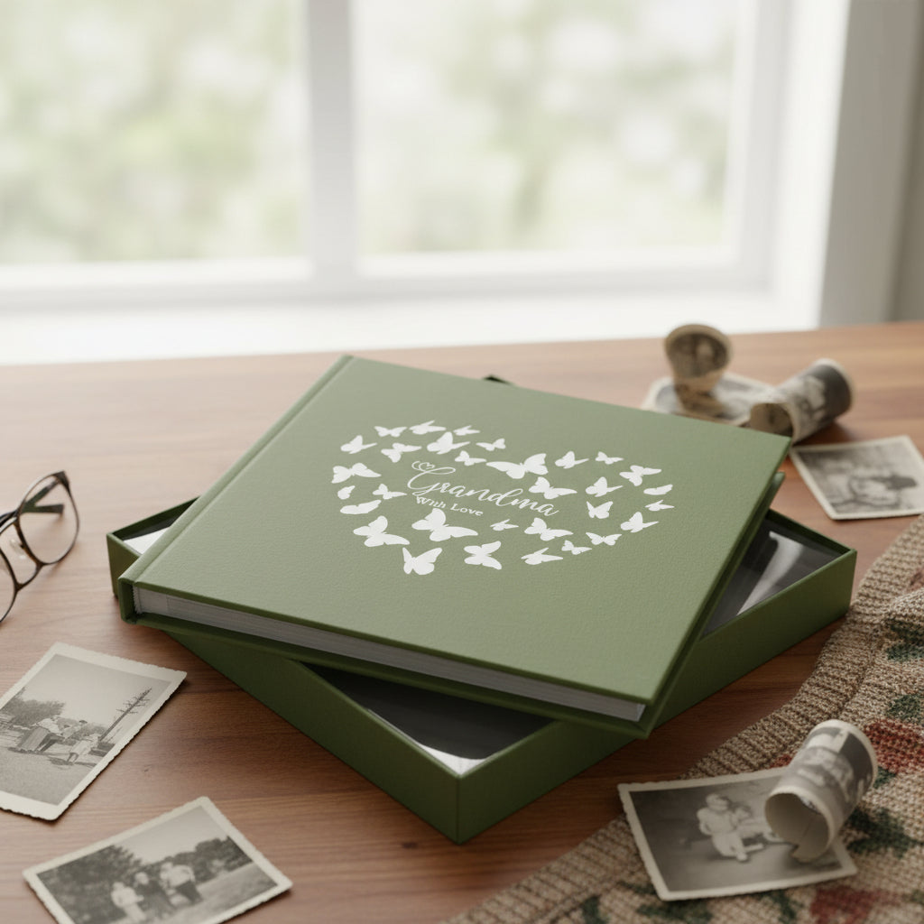 Grandma with love Olive Green Photo Album Gift With Butterflies 50 x 6" x 4" Capacity Grandma Photo Album ukgiftstoreonline