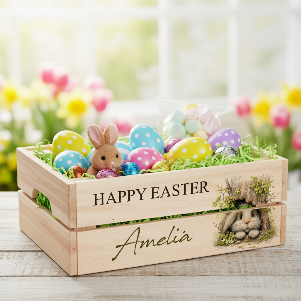 Personalised wooden Easter Bunny crate Gift basket hamper egg hunt storage crate ukgiftstoreonline Design 1