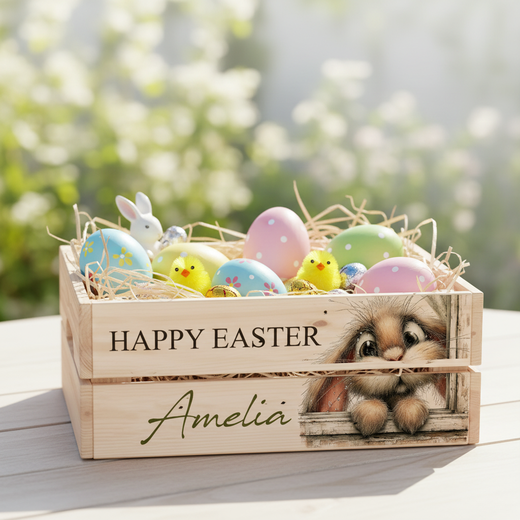 Personalised wooden Easter Bunny crate Gift basket hamper egg hunt storage crate ukgiftstoreonline Design 2