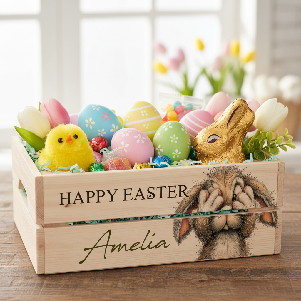Personalised wooden Easter Bunny crate Gift basket hamper egg hunt storage crate ukgiftstoreonline Design 3