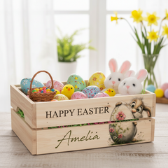 Personalised wooden Easter Bunny crate Gift basket hamper egg hunt storage crate ukgiftstoreonline Design 4