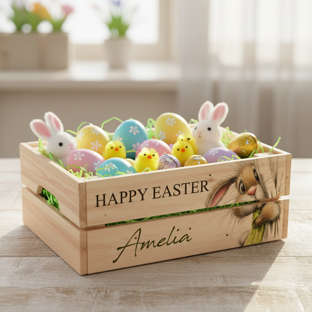 Personalised wooden Easter Bunny crate Gift basket hamper egg hunt storage crate ukgiftstoreonline Design 5
