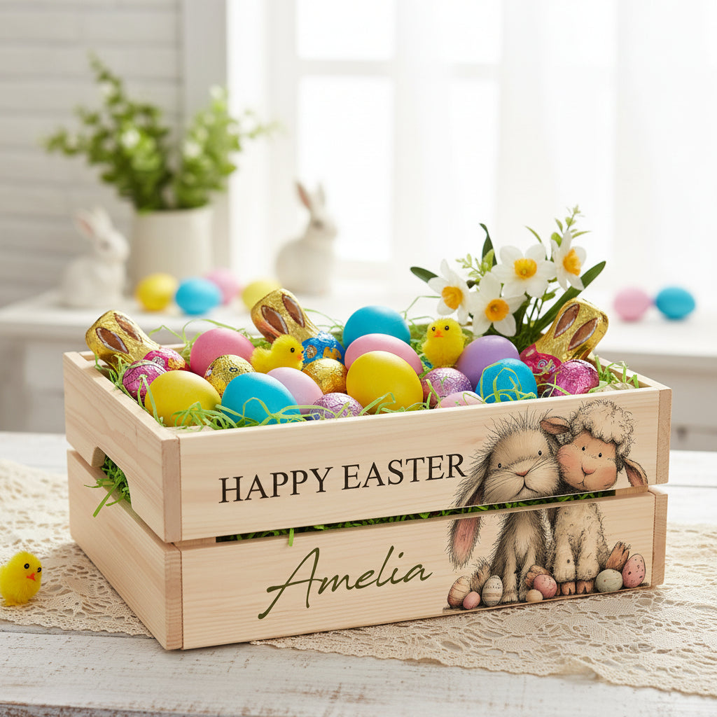 Personalised wooden Easter Bunny crate Gift basket hamper egg hunt storage crate ukgiftstoreonline Design 9