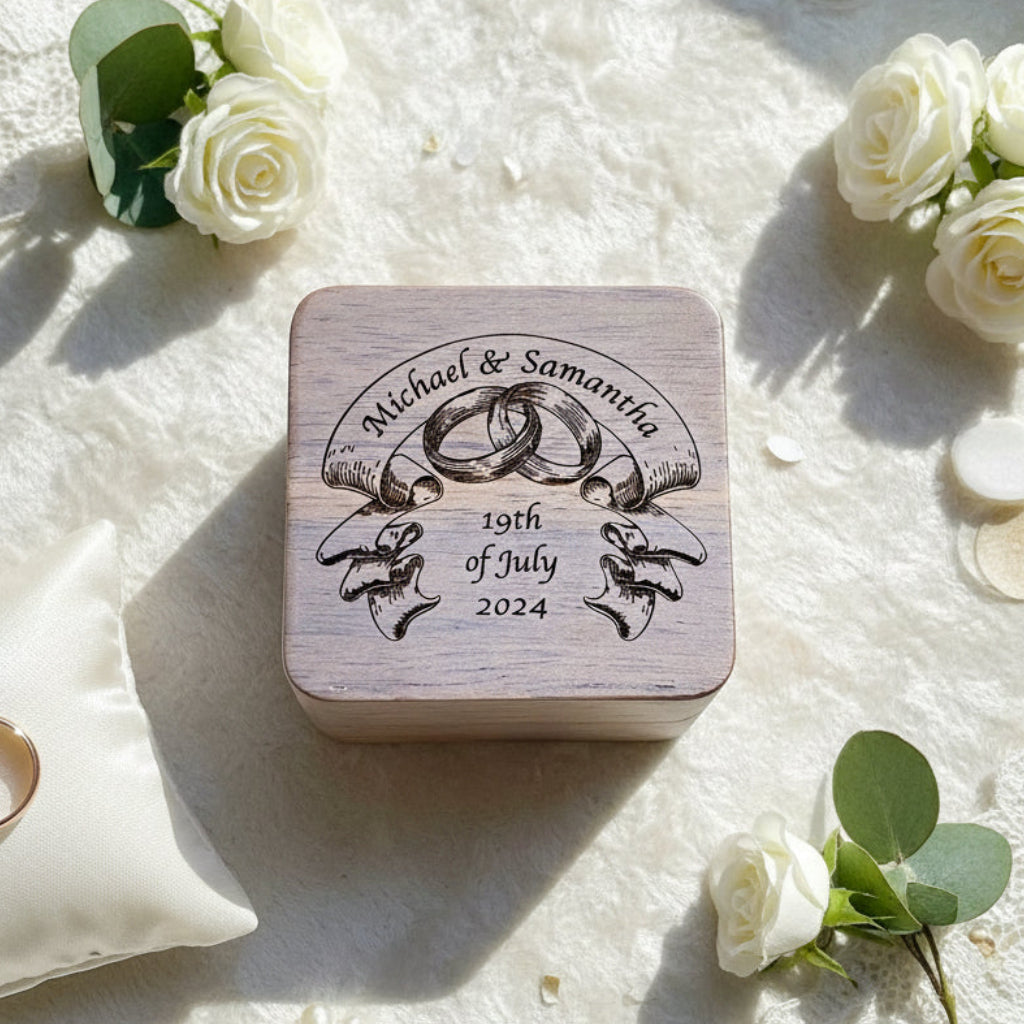 Personalised Engraved Wooden Wedding Ring Box Holder for 2 Rings With Ribbon Ring Box Holder ukgiftstoreonline