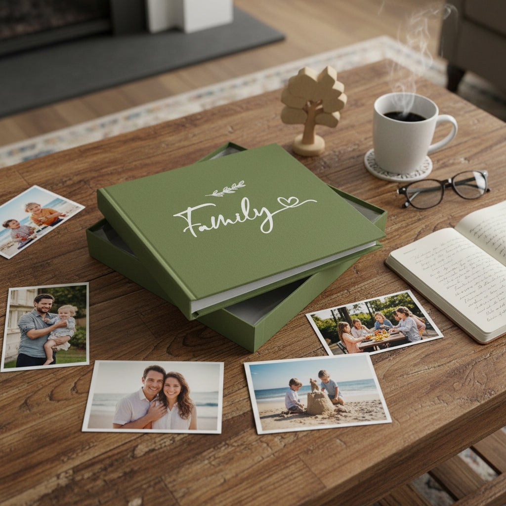 Olive Green Family Photo Album With Leaf Design Holds 50 x 6 by 4 Photos photo album ukgiftstoreonline