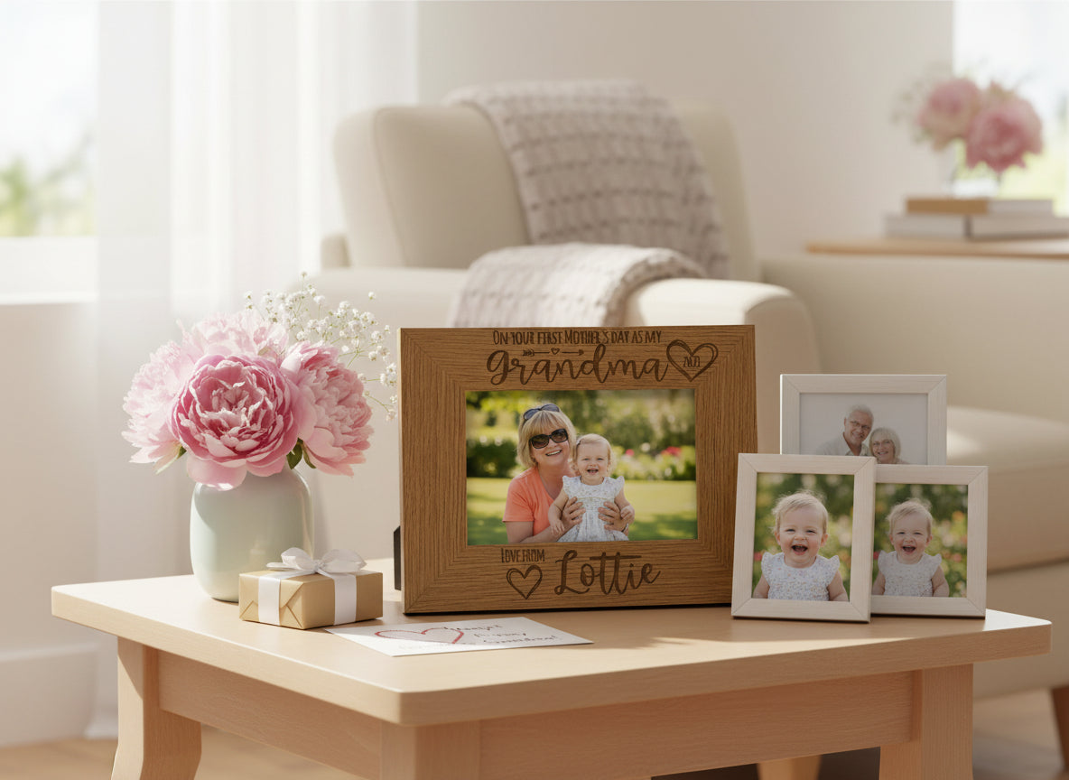 Personalised First Mothers Day as a Grandma Engraved Wooden Photo Frame Landscape Photo Frame ukgiftstoreonline
