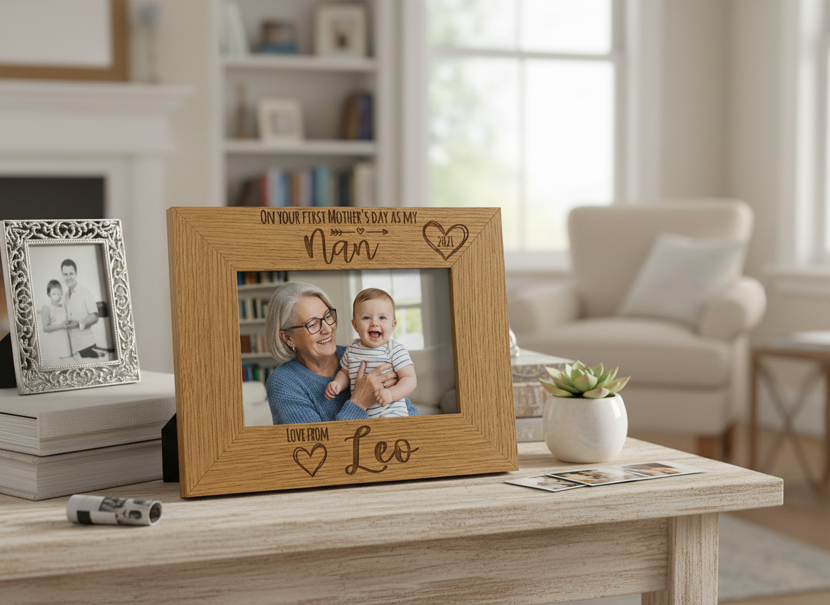 Personalised First Mothers Day as a Nan Engraved Wooden Photo Frame Landscape Photo Frame ukgiftstoreonline