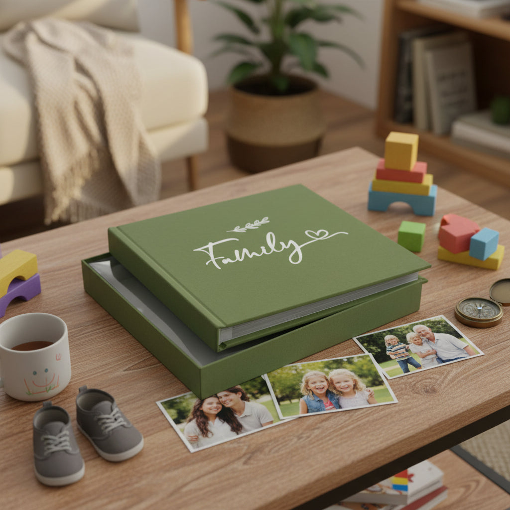 Olive Green Family Photo Album With Leaf Design Holds 50 x 6 by 4 Photos photo album ukgiftstoreonline