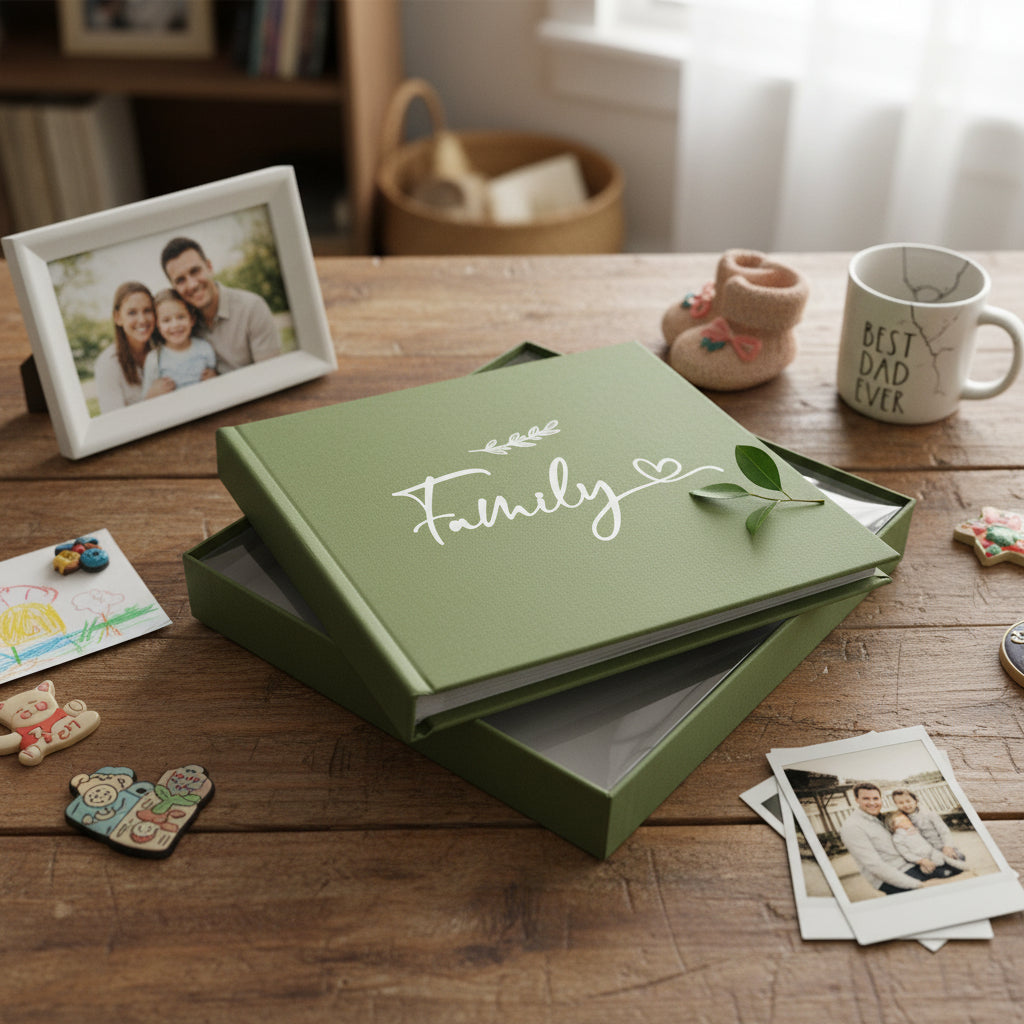 Olive Green Family Photo Album With Leaf Design Holds 50 x 6 by 4 Photos photo album ukgiftstoreonline