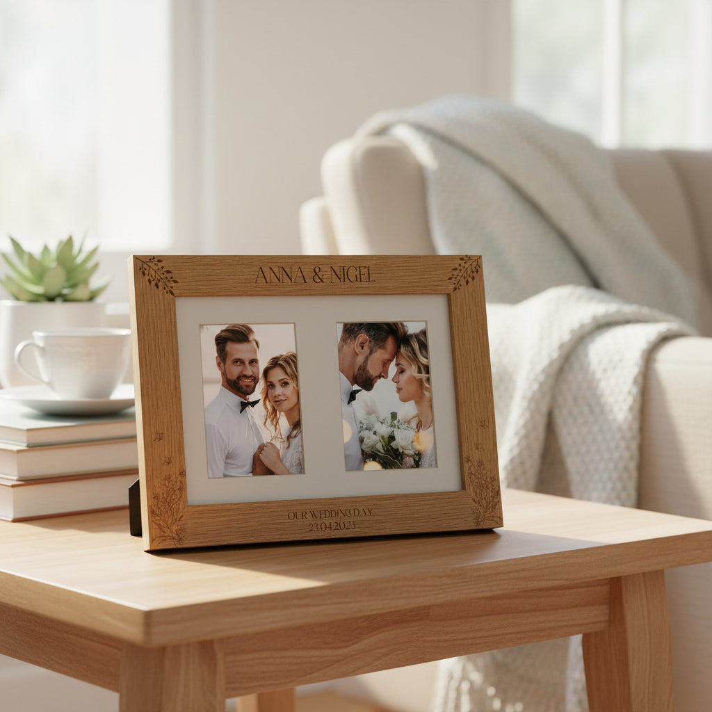 Double Wedding Engraved Photo Picture Frame 6x4 Inch Portrait With Wildflowers Photo Frame ukgiftstoreonline